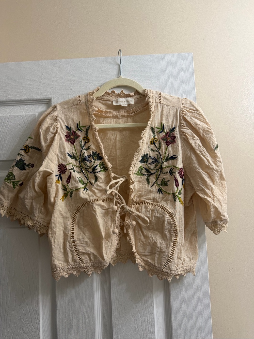 Embroidered Cream Peasant Crop Top with Tie Front